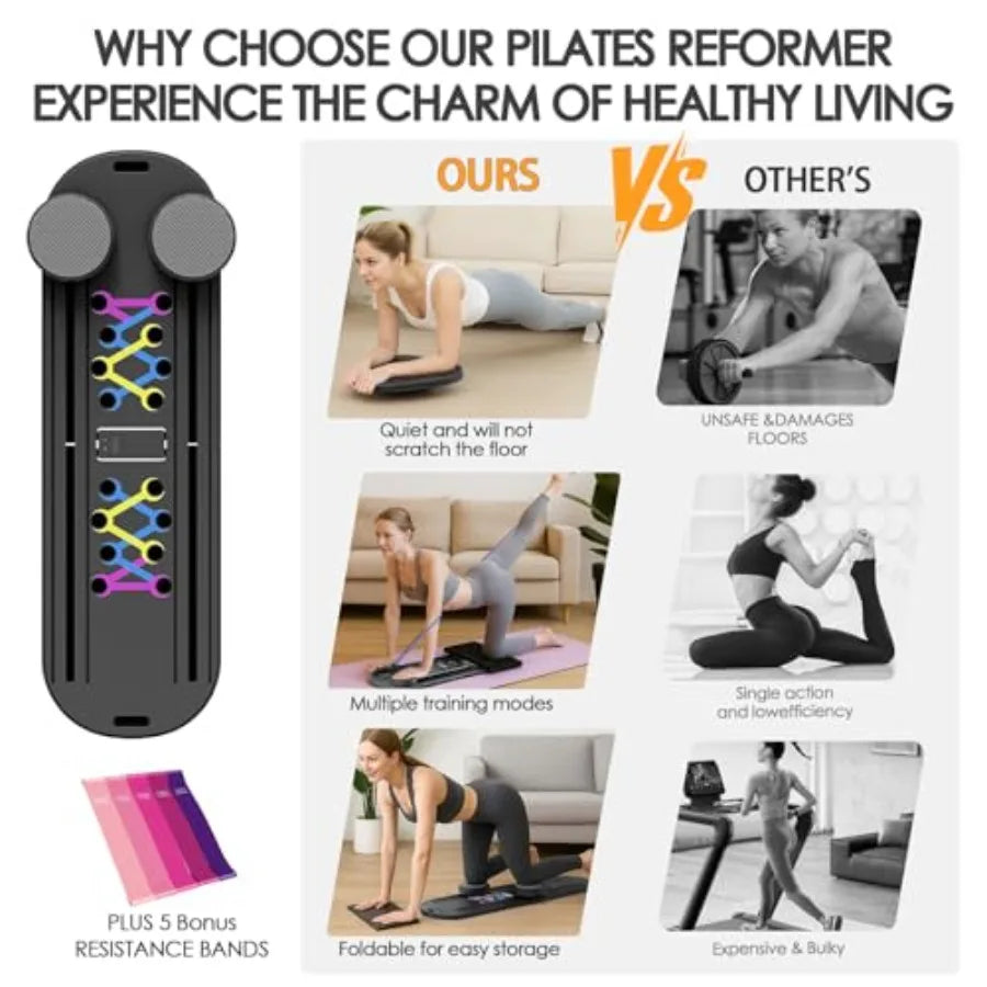 Foldable Multifunctional Pilates Board for Home Workout with Timer Resistance Bands Storage Bag Portable Equipment for Abs Core