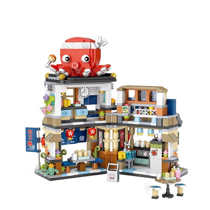 Street View Series Building Blocks Izakaya Shaved Ice Shop Takoyaki Shop Coffee Shop Panda Tea House Model Children'S Gift