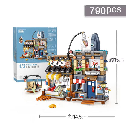 Street View Series Building Blocks Izakaya Shaved Ice Shop Takoyaki Shop Coffee Shop Panda Tea House Model Children'S Gift