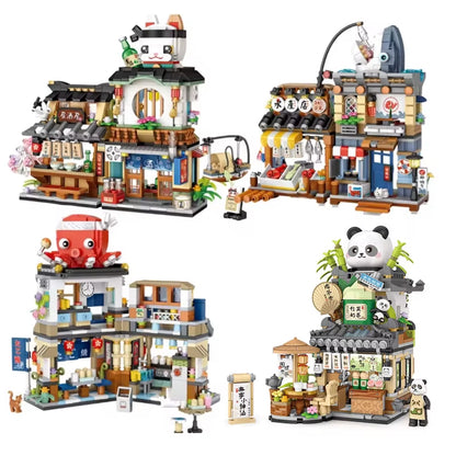 Street View Series Building Blocks Izakaya Shaved Ice Shop Takoyaki Shop Coffee Shop Panda Tea House Model Children'S Gift