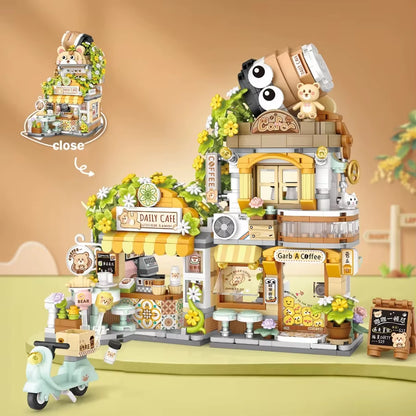 Street View Series Building Blocks Izakaya Shaved Ice Shop Takoyaki Shop Coffee Shop Panda Tea House Model Children'S Gift