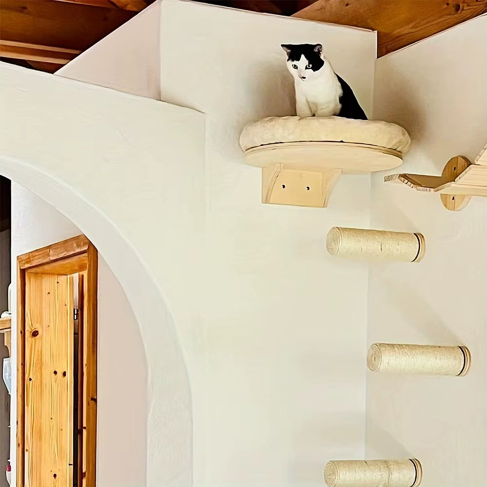 Wall Mounted Cat Ladder featuring a cozy round cat bed with soft plush padding dimensions 15.16in diameter and 4.7in height.
