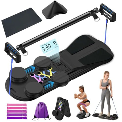 Foldable Multifunctional Pilates Board for Home Workout with Timer Resistance Bands Storage Bag Portable Equipment for Abs Core