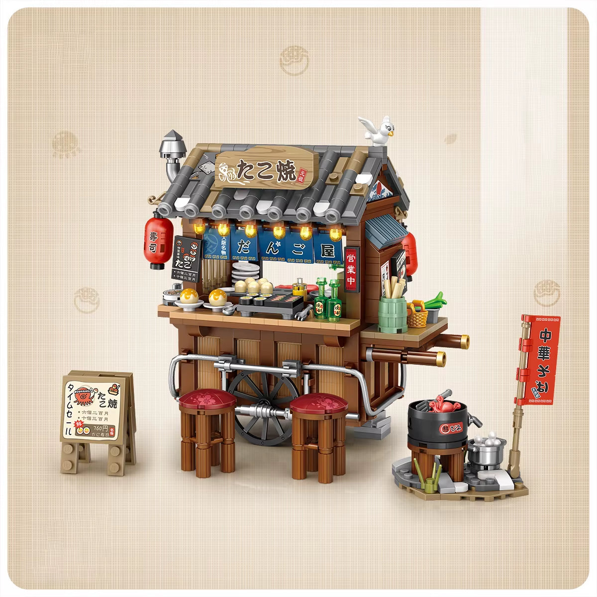 Street View Series Building Blocks Izakaya Shaved Ice Shop Takoyaki Shop Coffee Shop Panda Tea House Model Children'S Gift