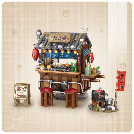 Street View Series Building Blocks Izakaya Shaved Ice Shop Takoyaki Shop Coffee Shop Panda Tea House Model Children&