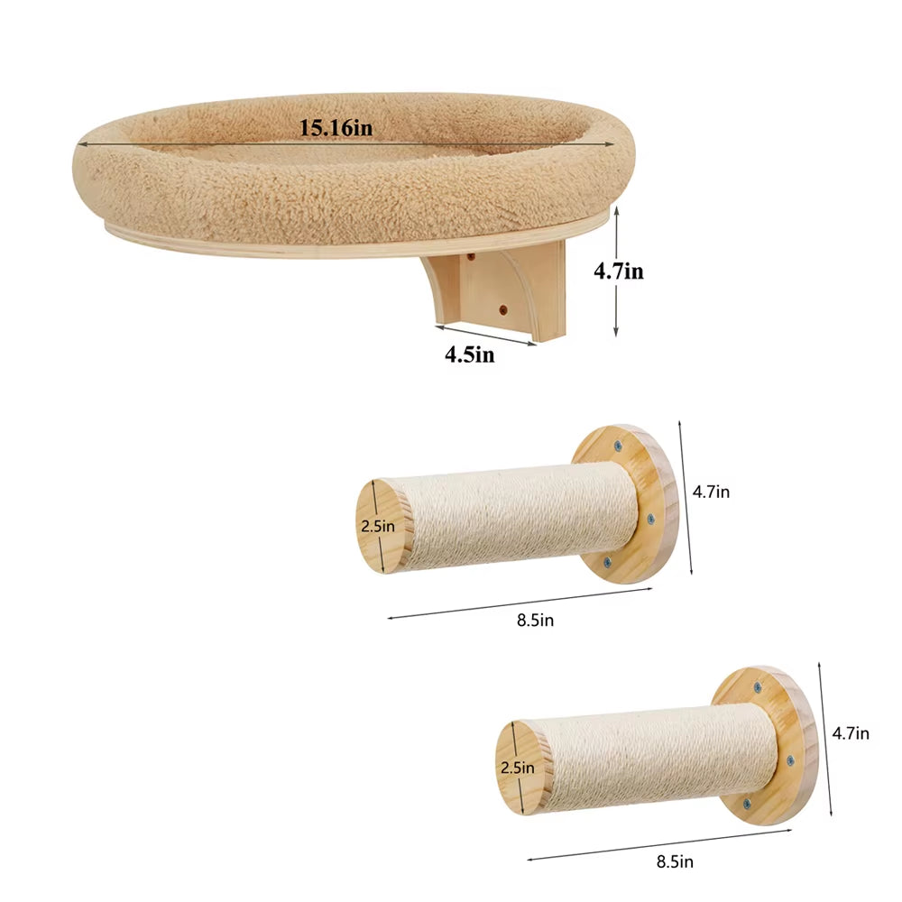 Cat Wall Mounted Solid Wooden Furniture Climbing Ladder and Cat Hammock with Scratching Post for Activity Indoor Cats Perches