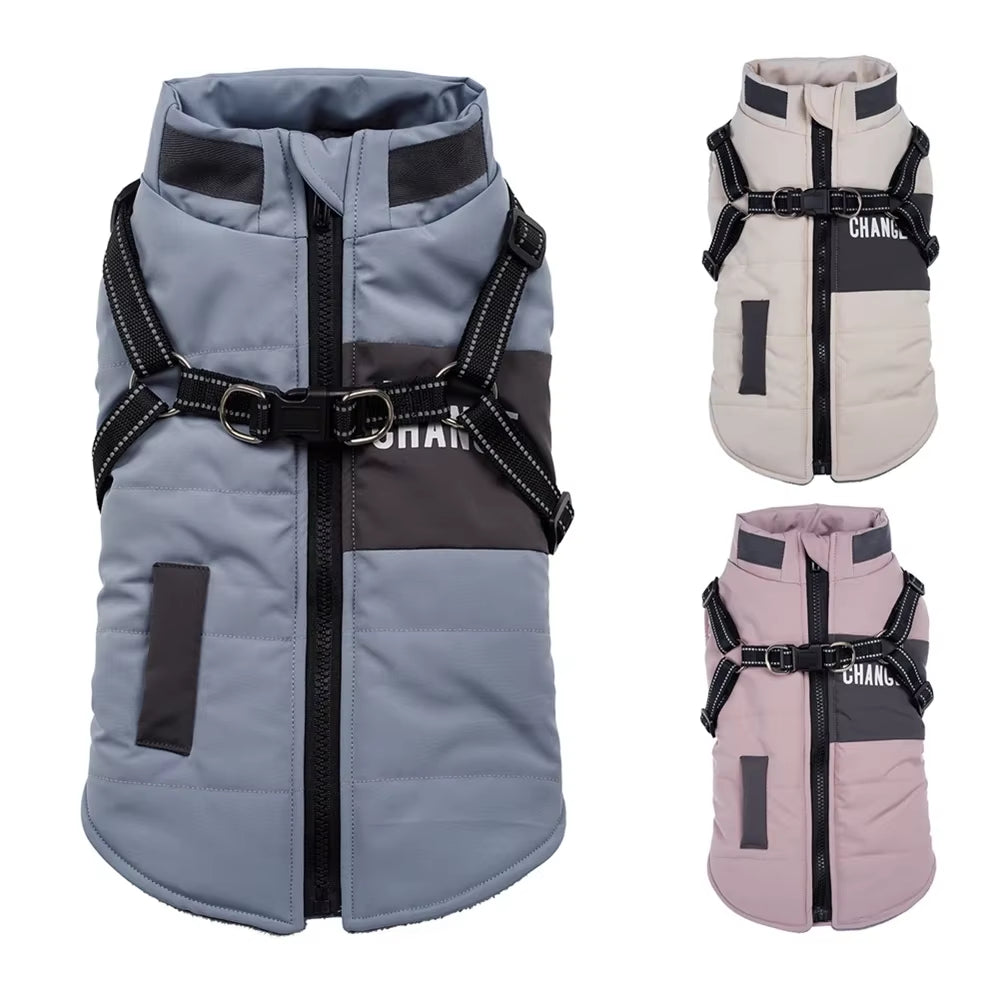 Warm Dog Jacket with Dual D Ring Leash Vest and Warm Hoodie
